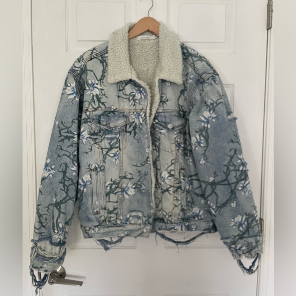 MNML Distressed Floral Sherpa-lined Denim Trucker Jacket
